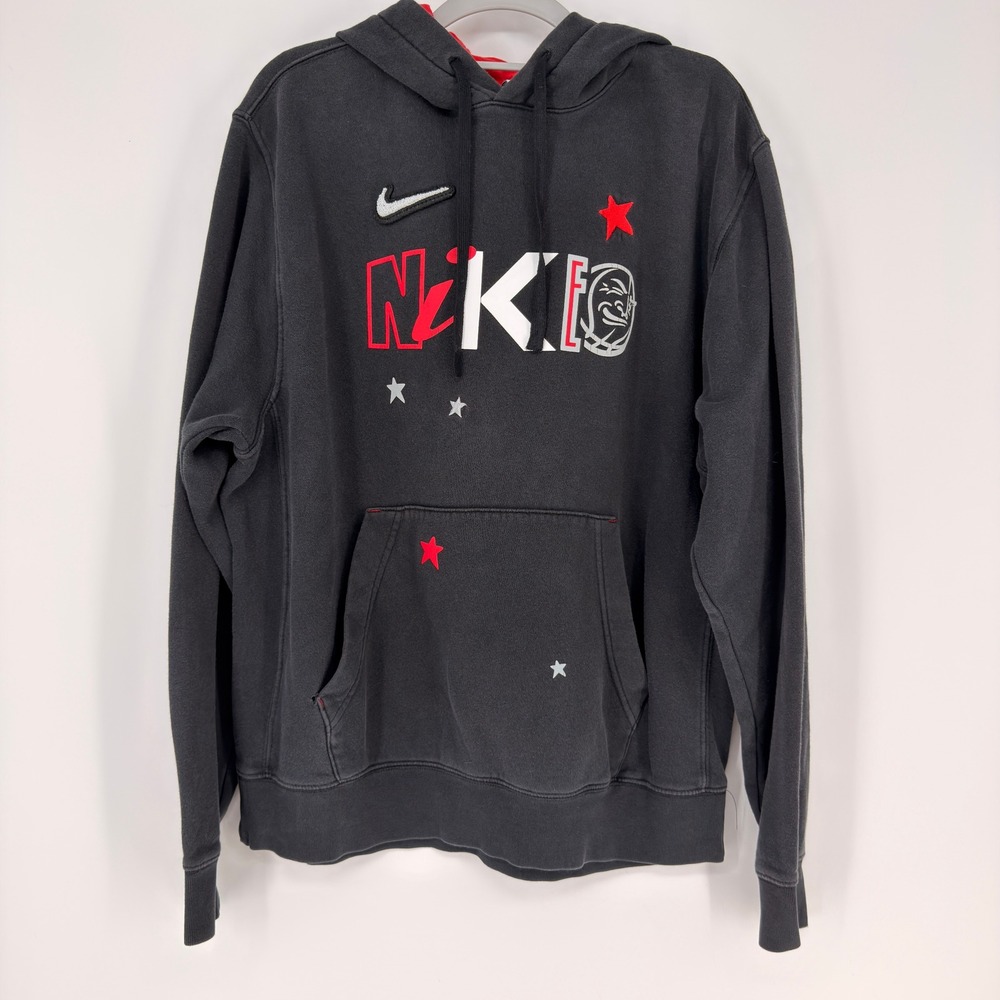 Nike Hoodie Mens Medium Black Red Graphic Pullover Swoosh Streetwear Urban